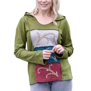 Black Yak Green Stonewashed Hooded Top Embroidered Patches Large XL